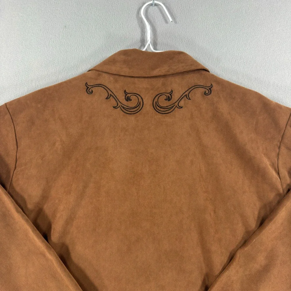 Coldwater Creek Brown Faux Suede Embroidered Button Front Jacket Large Cognac